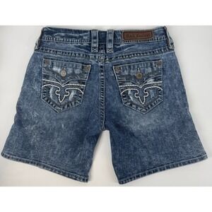 Rock Revival Alivia Easy Denim Flap Pocket Shorts 27 Blue Distressed Stretch